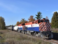  A beautiful fall afternoon finds the Ontario Southland departing Guelph, at Stone Road, heading back to Guelph Jct with a new crew and both Ex BC Rail M420W's 647 & 644. Oct 10th 2019. 