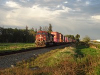 Early evening, first week of May, 2020. Trailing DPU CP 9812, E/B intermodal, the Sun at their back, just passed through Colebrook Siding enroute to Pratt. I took the photo near the BCR Port Sub main track, just east of the King George overpass.