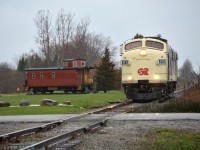 The last Cayuga Clipper passes the Caboose along Tower Rd, on its way to Tillsonburg, to take the rest of the cars at IGPC Ethanol in Aylmer and Future Transfer in Tillsonburg. The 2 matching F units where great for the last run on the Cayuga Clipper. 