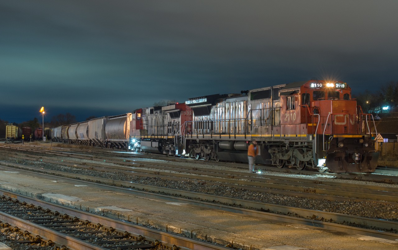 On a brisk November evening CN 434 sits in the yard at Brantford with CN 2110 leading.  They would wait for about 10 minutes to allow DI to get back to them and let them out of the yard and back to their train.  Since I took this shot I have not seen a C40-8 leading on CN with most being put into storage and some even retired.