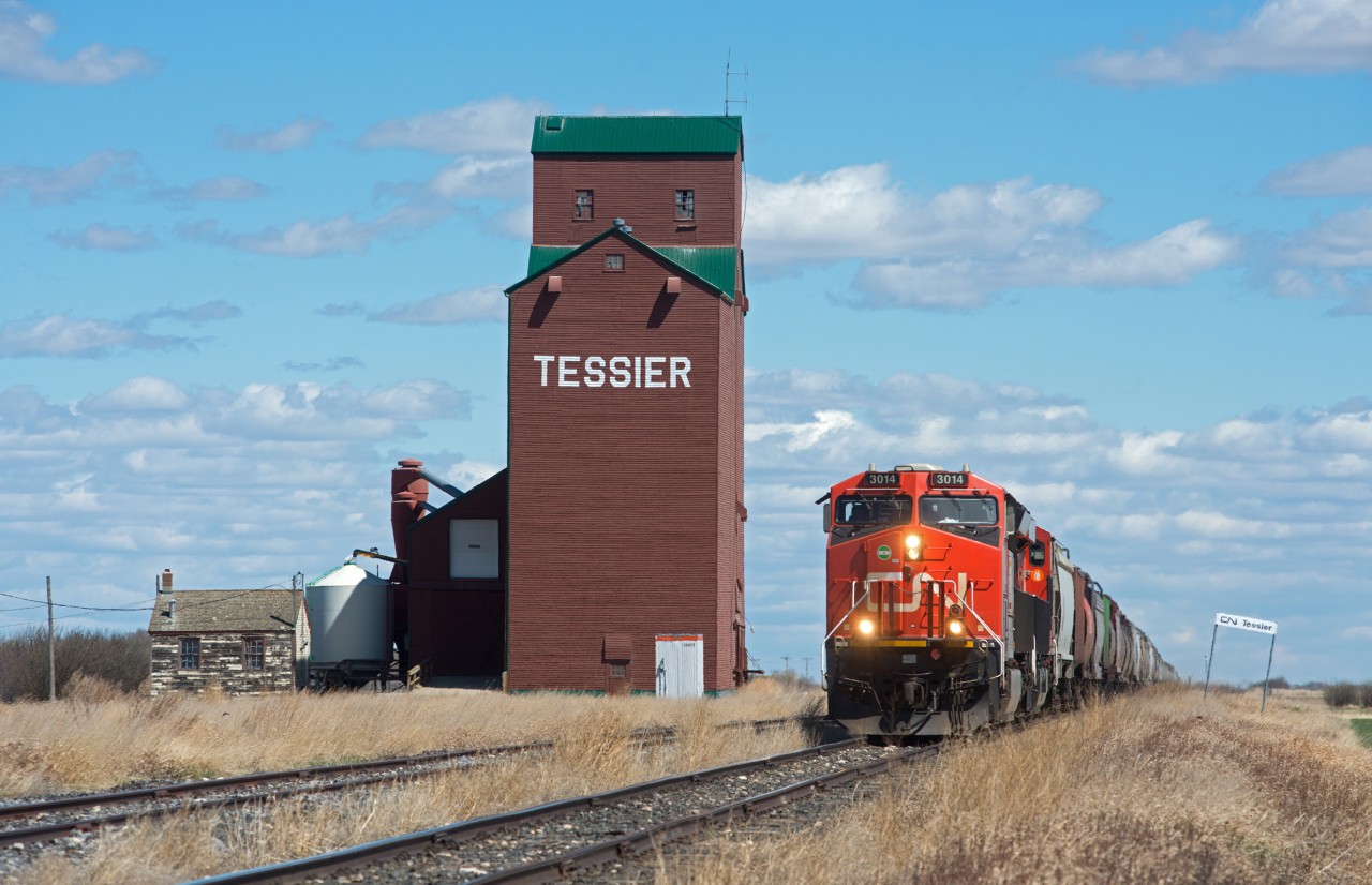 CN#541 passes another recently manicured elevator on the Rosetown Sub, this time at Tessier. Going back as far as 1914, Tessier once boasted six elevators and a thriving town. Today it isn't anywhere near as busy, not even warranting a single car set off. 

I'm not really positive how level this shot is... or what to assume is level in real life. The elevator kind of leans toward the train and vice versa, the office shack leans away from the elevator and pole leans away from the shack. The station name sign leans the opposite direction compared to the train but the same direction as the elevator.... So lets just call it good.