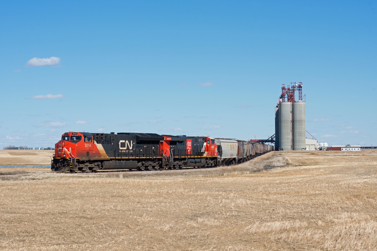 CN 541 is in the process of spotting thee majority of it's train at the Viterra terminal just eat of Rosetown. The terminal is located on it's own 1.6 mile spur that branches off to the north of the mainline. The rest of 541's train can just be made out at the far right side of the image, sitting on the main.