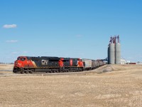CN 541 is in the process of spotting thee majority of it's train at the Viterra terminal just eat of Rosetown. The terminal is located on it's own 1.6 mile spur that branches off to the north of the mainline. The rest of 541's train can just be made out at the far right side of the image, sitting on the main. 