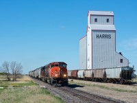 CN 5280 and 5367 lead train 540 past the one remanning elevator in Harris SK. Theres nothing to lift today though as the cars spotted at the elevator have yet to be loaded. The foundation for the old water tower is also visible in the lower left of this scene. 
