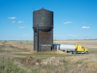 I'm standing where, up to the mid 1980s, the CN Dodsland Subdivision passed through Ruthilda Saskatchewan. Grand Trunk Pacific first laid rails through here in 1912 and the water tower was constructed shortly there after. Today the water tower still serves the surrounding community. 