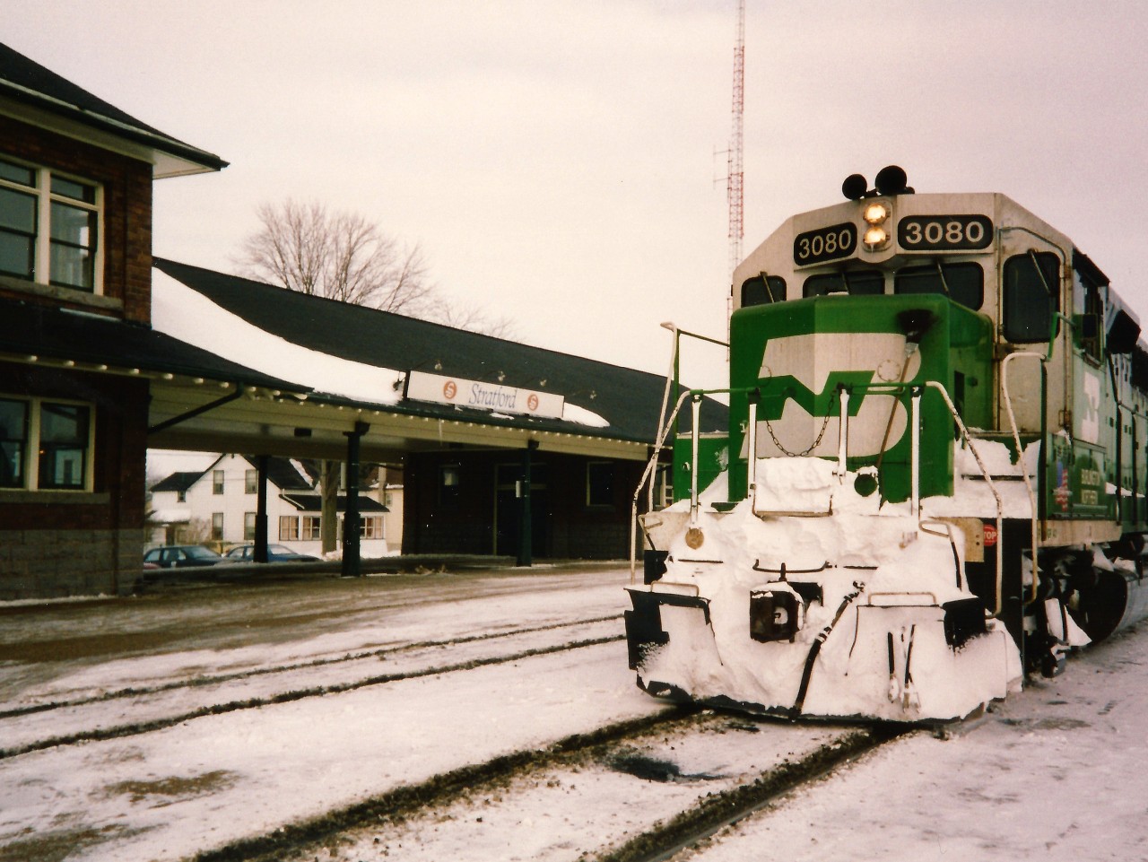 A long way from the Burlington Northern.... Leased GATX GP40G 3080 and Cape Breton & Central Nova Scotia Railway (CBNS) C630M 2035 are viewed building their train for Goderich at Stratford yard on February 6, 1994. The winter of 1993-1994 was a brutal one for Goderich-Exeter Railway’s (GEXR) fleet of second-hand GP9’s and by early February, most were either out of service or severely ailing, which forced RailTex to lease power or transfer from their other operations.