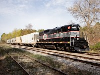 On a rare Sunday operation, BCRY 1001 has just pushed a number of short 40 foot hoppers into the Penetang Spur for storage. In 2019 this spur was packed with tankcars which became surplus when oil prices tanked. With North American rail traffic presently down due to the Covid-19 virus, unused railcars have to be put somewhere, and shortline trackage is often the perfect place. 