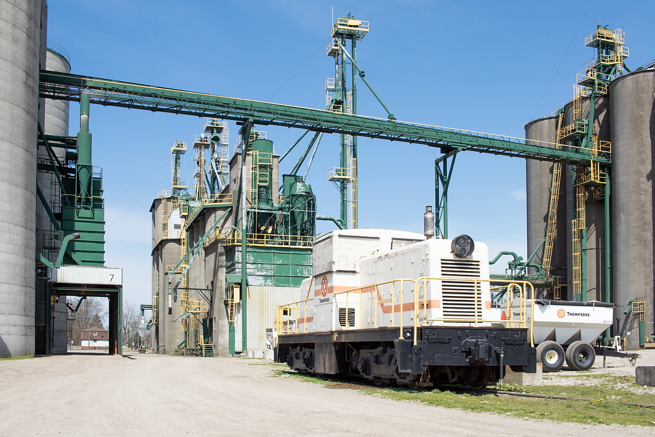 Thompsons' critter rests quietly in Blenheim at their sprawling elevator complex, where they load grain to be shipped by rail on the south side, and ADM loads grain to be shipped by rail on the north. The unit is used to move cars around between the approximately weekly service from CN L514. It would appear that the GWWD units that took up residence in both Blenheim and Kent Bridge are now AWOL - does anyone know what become of them? I expect they may have been scrapped as I do not think either left by rail.