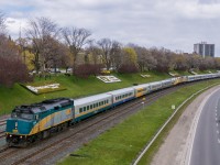 VIA 63 heads for the TMC after unloading its passengers at Toronto Union Station. The push-pull consist of the main part of the train is typical of all corridor trains during the COVID-19 service reductions. <a href="https://media.viarail.ca/index.php/en/press-releases/2020/rail-extends-suspension-canadien-and-ocean"> VIA has cancelled the Canadian and Ocean</a> until November 1, in part in order to carry out extensive maintenance work on much of the long distance fleet. This necessitated a series of equipment moves, including these 7 cars on the tail end of 63 from Montreal to Toronto.