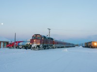 It's about -25 with no windchill at sunrise on this March Sunday morning in Hearst. The passenger train is loading for what would be one of its last trips before cancellation. Ontario Northland is preparing to build a train for the trip east. I would soon scurry over to choose a warm seat in a former CN Tempo or Santa Fe San Francisco Chief car.