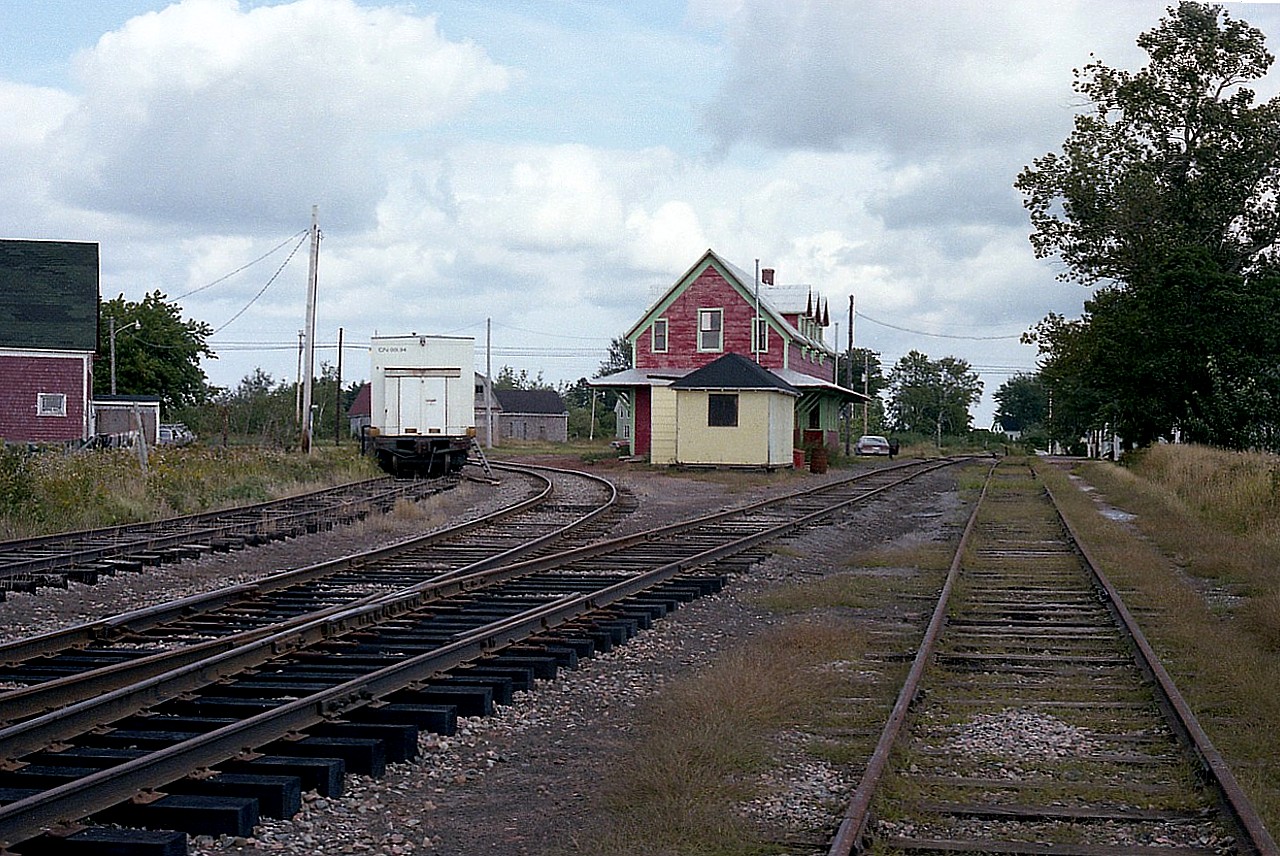 Mount Stewart Jct station in the village of the same name was the junction for all trains running to the east side of Prince Edward Island. Track to the left in the photo lead to Souris/Elmira; and to the right, the line extended to Montague/Georgetown.  This PEIR station opened on the 23rd of November, 1911. I do not have a demolition date, but the structure is gone. The last train thru here was also the last one to leave the Island when the CN pulled out in 1989. At one time, this was a busy place; besides the junction there was a wye as well. The right of way is now part of Confederation Trail.