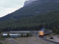 <br>
<br>

VIA 6313 plus three F7B units handle #1 'Canadian' at Hector, Lake Wapta,  
<br>
<br>

Sept 7 1983 Kodachrome by John Baker collection of Steve Danko,