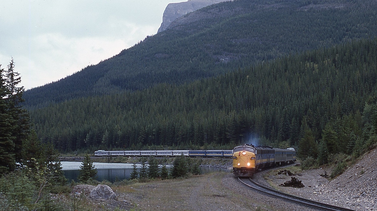 VIA 6313 plus three F7B units handle #1 'Canadian' at Hector, Lake Wapta,  



Sept 7 1983 Kodachrome by John Baker collection of Steve Danko,