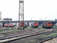 It's a gloomy June 13, 1972 at CN's Spadina engine facility in Toronto. CN 3232 is the only locomotive whose number can be read.