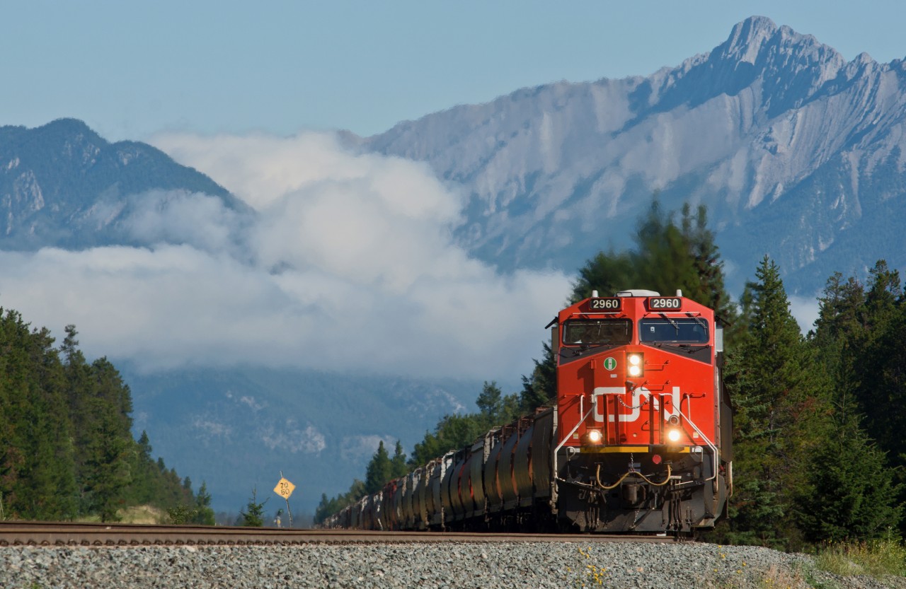 CN 2960 is up front on this 1x1 grain drag just east of English on the Edson Subdivision in Jasper National Park.