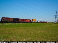 CP 9720 leads a MONSTER train #235 as it arrives at the WSS Belle River, Ontario on June 28, 2020.  CP 8001 will proceed east after 235 clears.