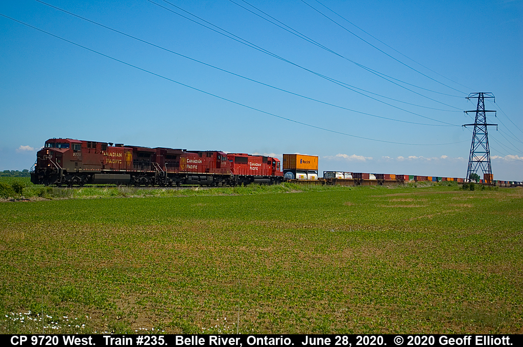 CP 9720 leads a MONSTER train #235 as it arrives at the WSS Belle River, Ontario on June 28, 2020.  CP 8001 will proceed east after 235 clears.