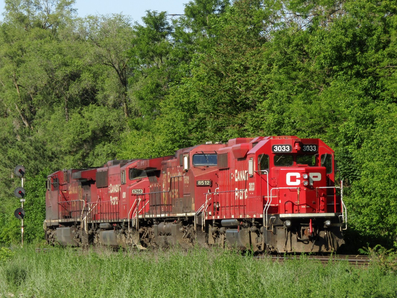 CP 244 waits patiently for a light to proceed eastbound at Leaside. CP 8524 leads, but due to lighting, a good shot was not possible. But CP 3033 was nose out, and there were no cars on this train, the illusion of CP 3033 leading can be made. CP 8524, CP 6260, CP 8512, CP 3033 are on the power move to Toronto.