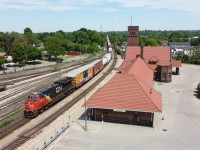 CN 397 cruises through Brantford with CN 3031 on the point and CN 3287 as the mid train DPU.  With the lack of Via Trains running due to the Covid-19 Pandemic, the Brantford Via Station has been lacking the cars of passengers who would utilize the service.