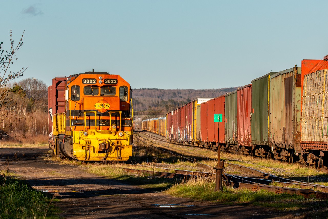 CBNS 3022 sits idol in the Truro reload yard after switching cars at Irving’s lumber mill in Valley