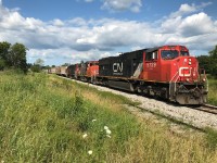 For the second time in less than a week during July 2019, CN L568 had a six-axle unit leading westbound to Stratford. CN 5729, 4784 and 4710 are seen at Baden, Ontario on the Guelph Subdivision with work ahead at the two industries around the New Hamburg area. 