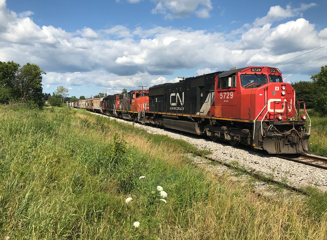 For the second time in less than a week during July 2019, CN L568 had a six-axle unit leading westbound to Stratford. CN 5729, 4784 and 4710 are seen at Baden, Ontario on the Guelph Subdivision with work ahead at the two industries around the New Hamburg area.