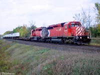 CP SD40-2's 6018 and 6045 head up the westbound Expressway at Roblindale (Mile 68.7 of CP's Belleville Sub) in October 2005. SD40-2 power was common on the Expressway, initially 5660- and 5740-series SD40-2's (including specially branded units 5742 and 5745), and later even pairs of SD40-2F's.