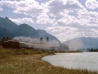 As part of the 1971 Convention in Calgary, the NMRA organized an excursion from Calgary to Field behind C-liner 4081. I believe the train is skirting Gap Lake (please correct me if I'm wrong)... I hope I'll be forgiven for posting a photo of the "dark" side of the train!