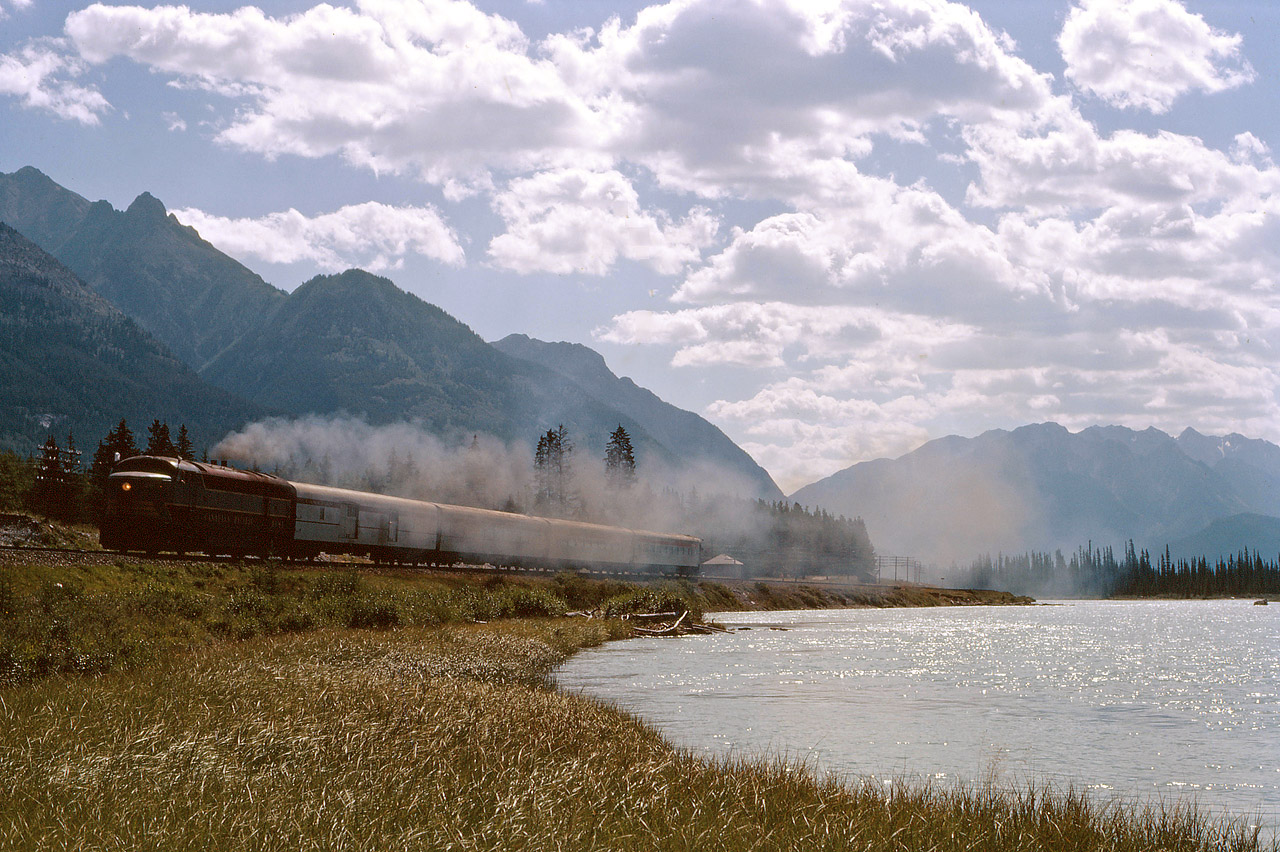 As part of the 1971 Convention in Calgary, the NMRA organized an excursion from Calgary to Field behind C-liner 4081. I believe the train is skirting Gap Lake (please correct me if I'm wrong)... I hope I'll be forgiven for posting a photo of the "dark" side of the train!
