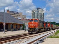 A nice surprise was yesterday's daylight appearance of CN 533, seen here passing the 1911 Grand Trunk Railway station at Guelph with 510 axles.  Metrolinx has been busy prepping the south track with concrete ties and welded rail for the new south platform to be built soon.