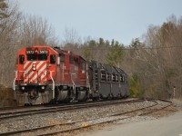 CP 5973 South with some awesome noise during a beautiful spring day in Bala, with one of 2 SD40-2's doing all the work on this loaded rail train destined for the D&H area after a layover in Toronto. 