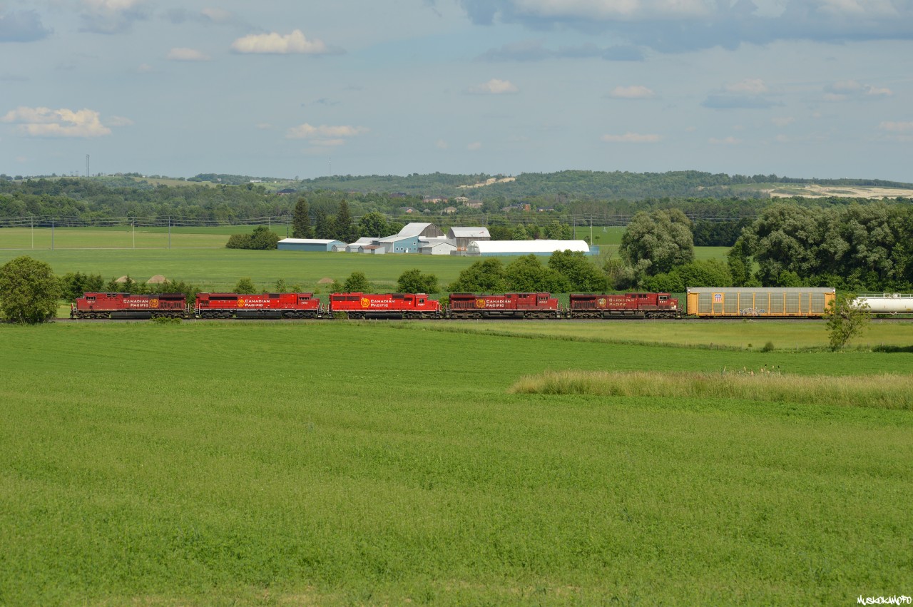 CP 421 slides through the fields just North of Alliston, 4 of today's 5 units are sporting the new beaver look, as 5th out 9615 wears one of the last remaining RCMP decals with it's original beaver.