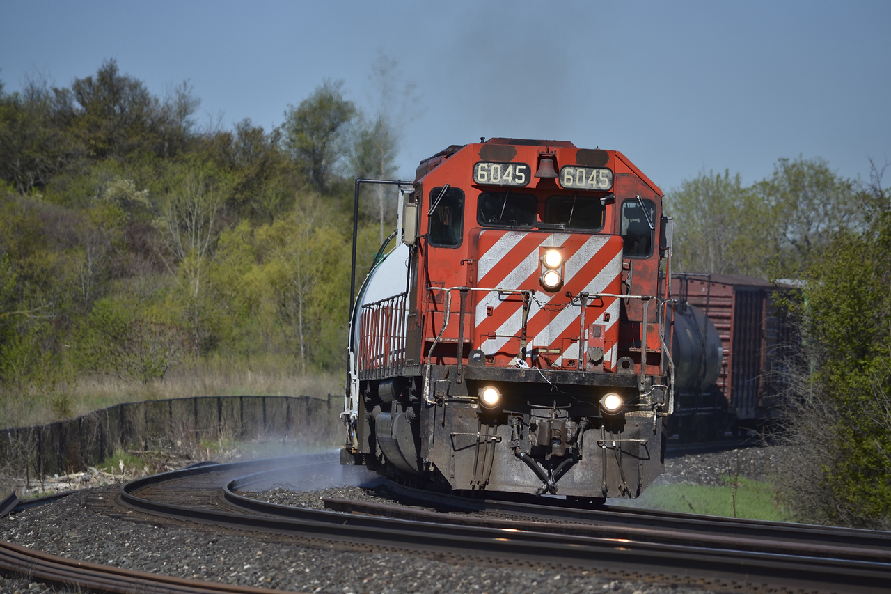 Brake smoke? One could dream.  After a bit of a letdown finding out the spray train this year was not to run down the Hamilton / Montrose sub, CP 6045 began spraying the North track between GUE and Toronto. Heres hoping for next years chase down the Hamilton sub.
