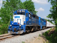 CN 580 runs to Hagersville three days a week, Monday-Wednesday-Friday, to serve CGC in Hagersville and the lumber yard in Caledonia.  They typically leave Brantford around 9:30 - 10:00 after switching Normerica, and return to Brantford mid to late afternoon.  With a very predictable schedule one would think catching them on the Hagersville Sub. would be easy, but getting a photo of them returning from Hagersville has alluded me until today.  I've gotten a few shots of GMTX 2255, but I had yet to get a good shot of GMTX 2695.  It is unique on CN's roster as it is the only GMTX that started life as a GP40 and was rebuilt to a GP38-2 by GMTX.  It was built as SCL 1616, becoming SBD 6770, then CSXT 6770 before being modified by GMTX as their 2695.  Thanks Bruce for the history.  580 is shown at the westerly of three crossings of Old Onondaga Road returning to Brantford with a decent number of drywall loads from CGC.