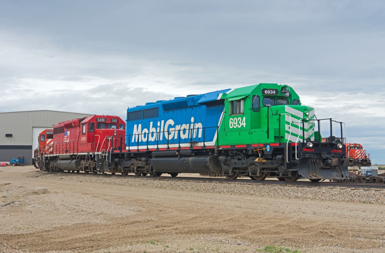 A colourful group of SD40s rests outside the shop building at Mobile Grain's Delisle facility.