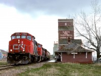 Having just arrived from Grande Prairie the bi-weekly wayfreight sits by the restored NAR station and also restored AWP grain Elevator.both town museums. It will switch area industries and return to Grande Prairie in morning. Today (2020)the line to Grande Prairie is out of service and all industries are served by former BCOL line from Chetwynd.