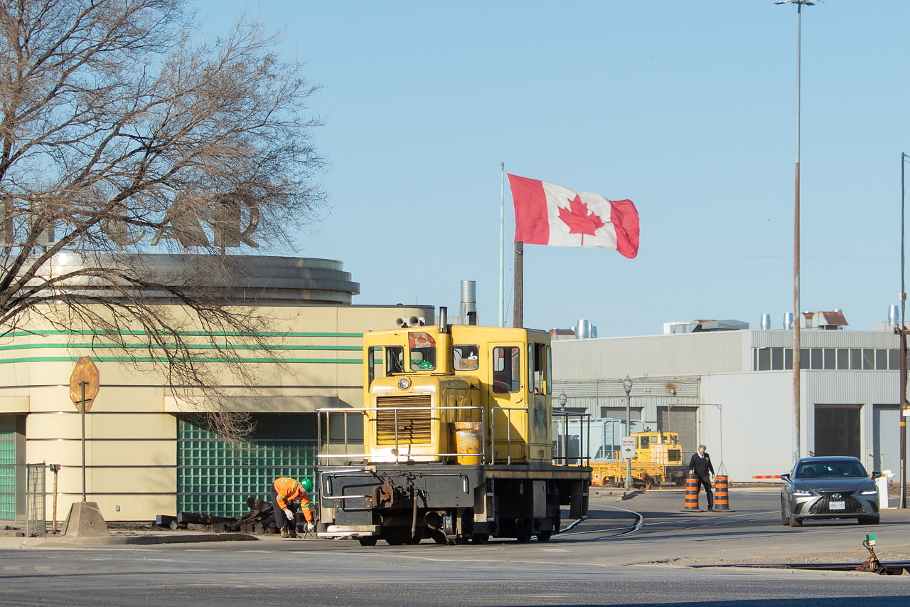 Here's one I figured would be fitting for Canada Day, with the big flag flying high above the plant at National Steel Car, and the small one on the critter. Happy Canada Day, everyone.