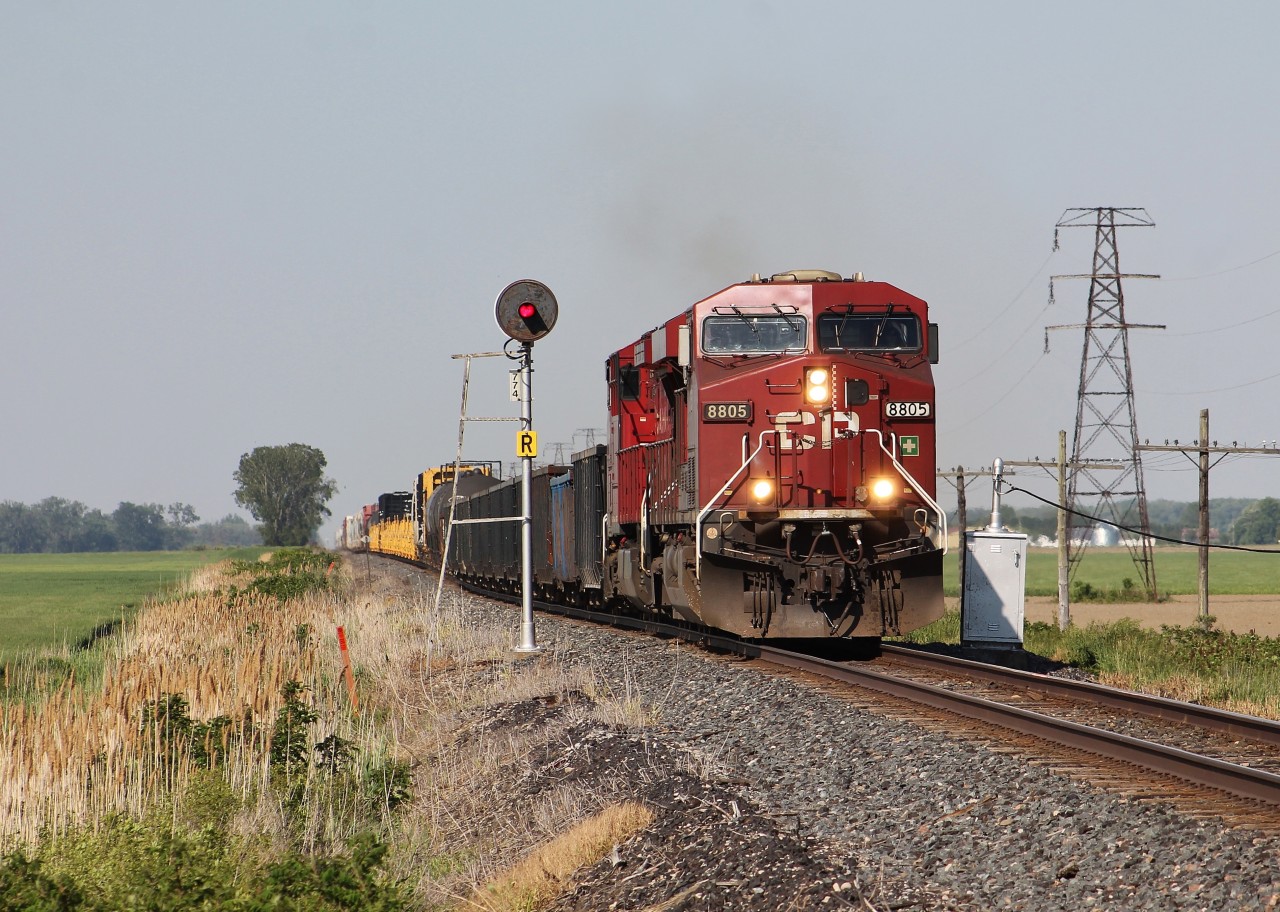 CP 141 cruises through the flat farmland just east of Tilbury. Eventually I want to shoot a train in good light with every older searchlight between Windsor and London and I'm getting close to completing that goal.