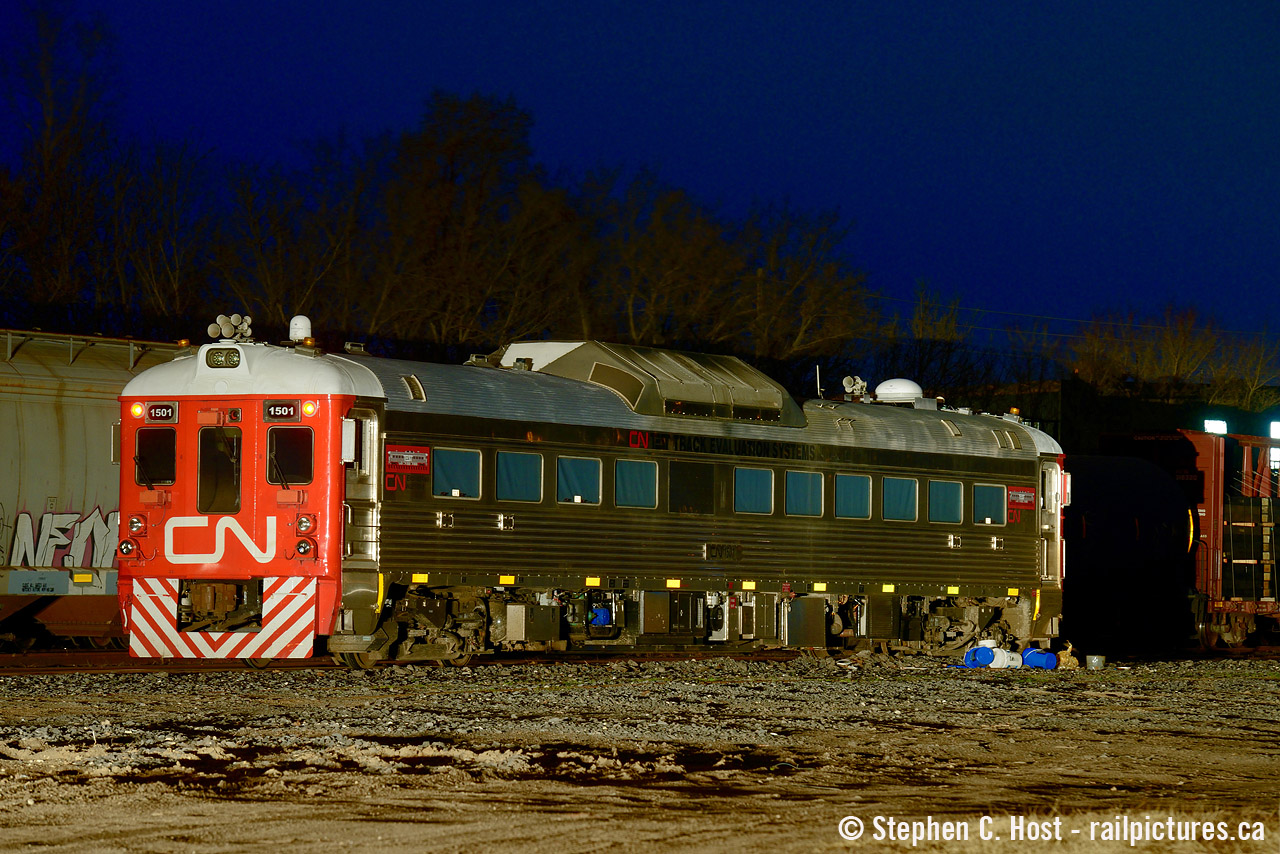 CN 999 waits the night in Guelph Ontario before resuming testing on CN and Metrolinx owned track the next day.