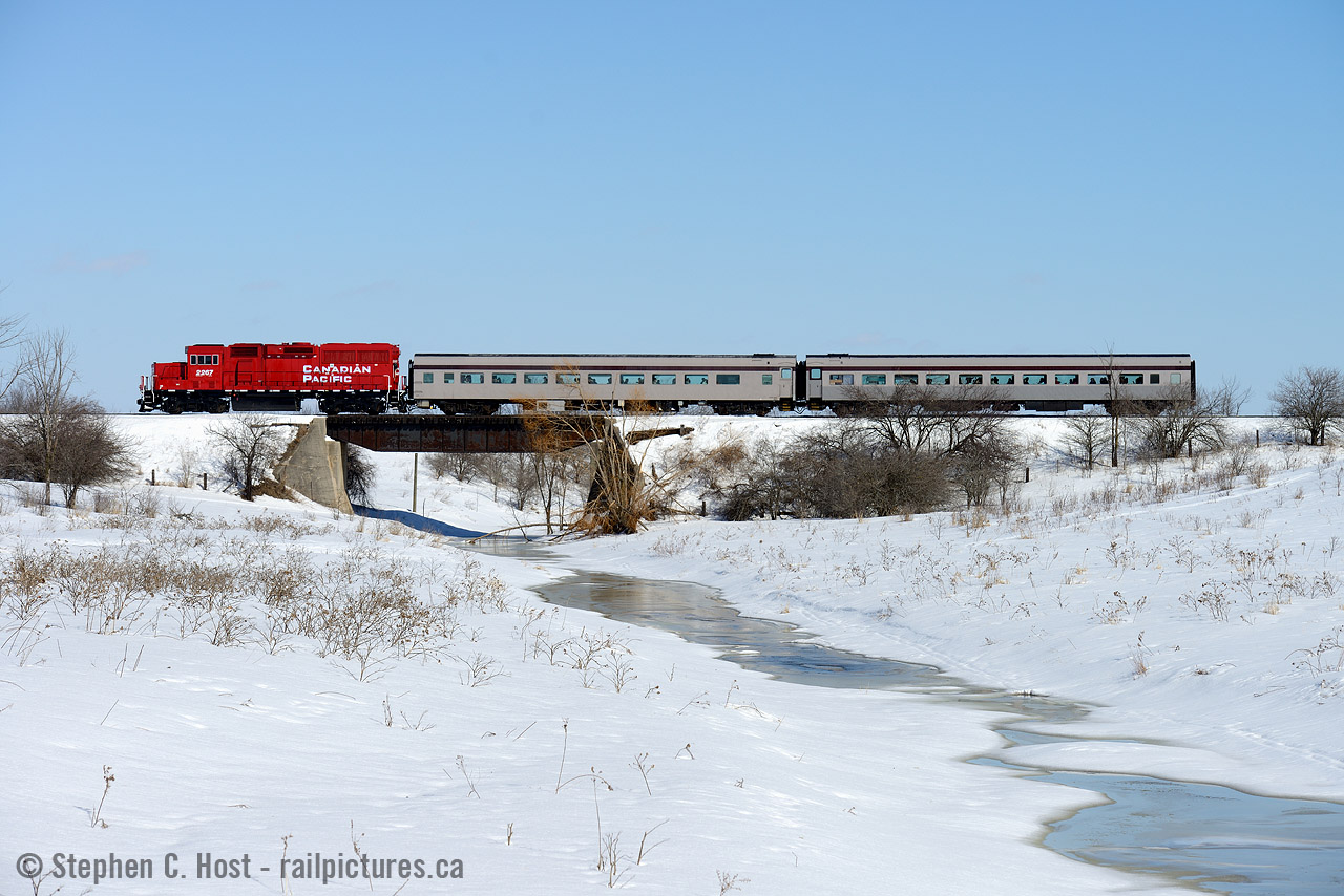 The Orangeville-Brampton Railway's Credit Valley Explorer tourist train operated for about 14 years, an interesting fact is an agreement between CP and the OBRY where in the event of mechanical issues CP would supply a loaner engine if the OBRY needed one. This did not happen often, but in 2014 CCGX 4009 was having problems and a substitute was required. The first one was, CP 8249, but after the GP9 proved unreliable, they assigned a brand new, pride (at the time) of the fleet GP20C-ECO 2267 with barely 1000 miles on the odometer. With repairs dragging on and a tourist train coming up on the schedule we had a fish in the barrel opportunity to photograph a unique move that to my knowledge , only happened this weekend.