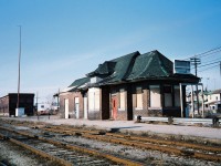 The CN West Toronto station as seen on a spring afternoon in April 1994. Vandals and time were slowly taking their toll on the aging structure and it would eventually be demolished in 1999. 