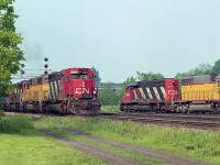 It certainly was a colour show for awhile in 1994 when CN acquired 24 SD40-2s from the Union Pacific. The UP numbers 4090-4102, B4103, 4104 and 4106-4114 came to CN and were temporarily renumbered by changing the first number to a '6' from '4', as seen here; and as they were painted over and slotted in to the CN roster they became 5364-5387 by 1995.
In this image taken at the end of Howard Rd in Aldershot, train #390 has CN 5082, x-UP 6099, CN 5361 and EMD 813 running east, while CN 5048, x-UP 6108 and (out of sight) EMD 763 pulls out of the yard lead. It was an SD paradise around this time as is rather obvious.