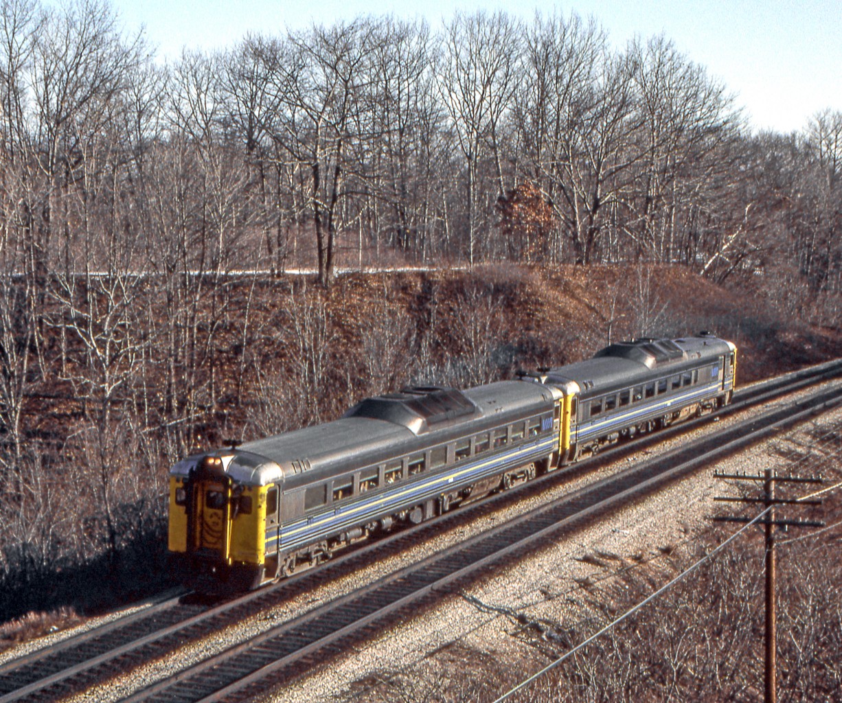 A two unit RDC set is approaching Bayview Junction, Ontario after leaving Toronto on March 26, 1984.