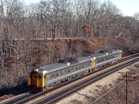 A two unit RDC set is approaching Bayview Junction, Ontario after leaving Toronto on March 26, 1984.
