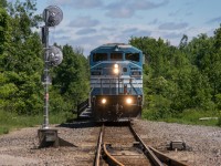 As seen from the Dixie Road crossing, 143 has stopped to wait for space to open up ahead. Due to closely following CP 113 which was stopped at Toronto Yard, this was the last location where the 9000'-plus CMQ-led 143 would fit without blocking crossings. 