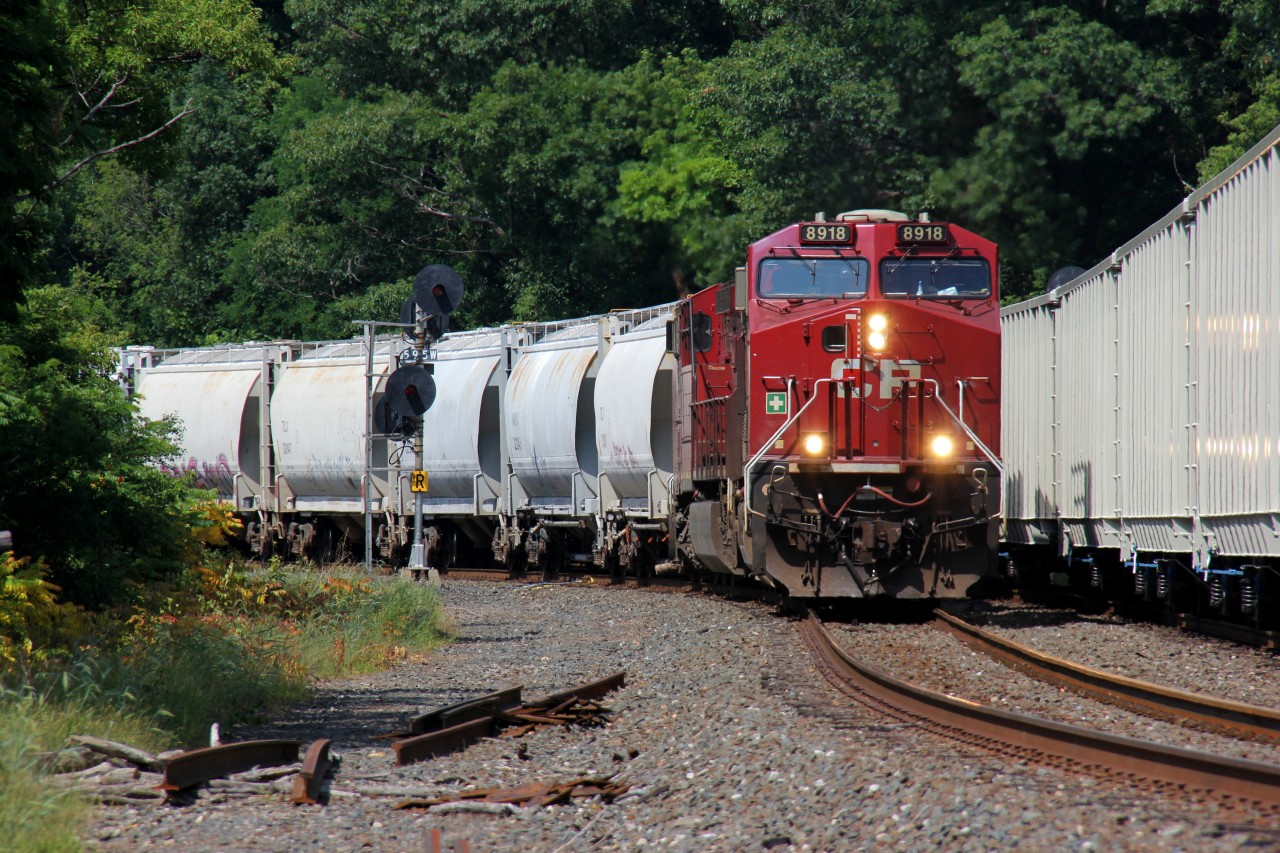 While a lot of attention was focused on CP 247 (at right of photo) with CP 6644-7016, I stuck around and waited for 254 knowing it would be in nice light coming south into Hamilton (power was 8918-8650). The poor GE/GEVOs have been getting neglected ever since the ACUs infiltrated the CP system (and the infamous CMQ units). Once 254 cleared, CP 247 would be on the move northbound towards the Galt Sub and Toronto. 247 had a long string of brand new cars, including CP hoppers, from NSC. Lots of action on the Hamilton Sub during this hour!