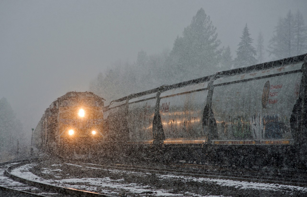 Heres a cool off shot that looks good during a hot summer day.  UP 5494 East makes it's way through the siding at Yahk during a nice little snow flurry.