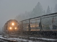 Heres a cool off shot that looks good during a hot summer day.  UP 5494 East makes it's way through the siding at Yahk during a nice little snow flurry. 