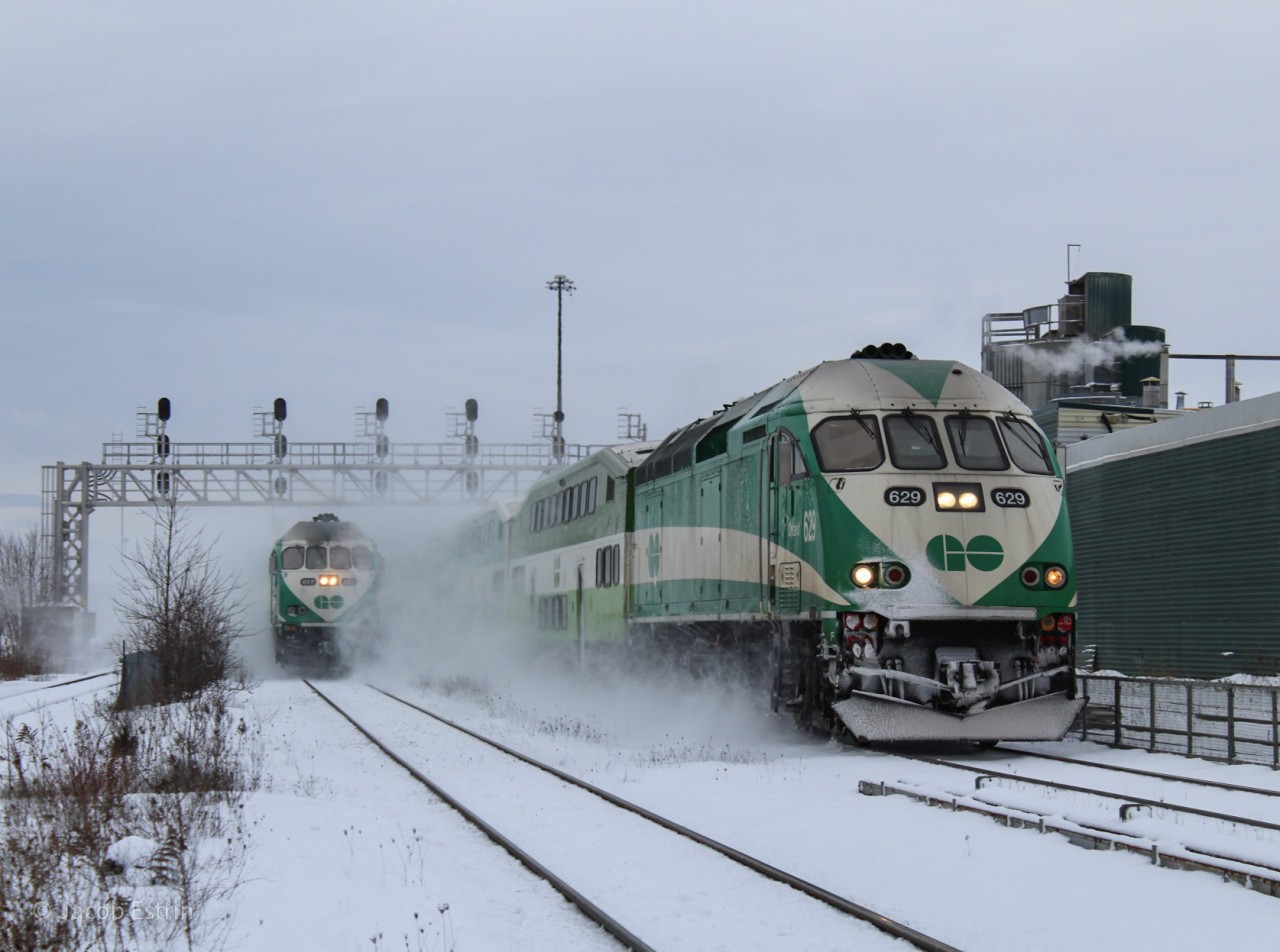 On a cold Winter Sunday two GO trains race at Mimico, one stoping and one Express. On the right there is the Niagara train express from Port Credit to Exhibition and on the left was the train that took me into downtown Toronto.