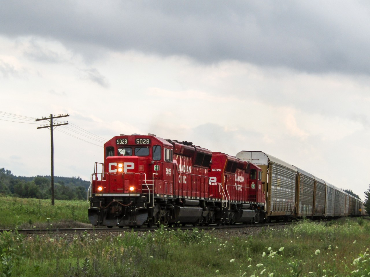 CP 2-240 speeds through Innerkip with a pair of SD30C-ECOs (CP 5028, CP 5020) pulling over 100 autoracks for Wolverton. Overtaking CP T79 in the Pender spur, 2-240 does close to track speed around the curve. 2-240 would end up dropping CP 5020 and 103 autoracks in Wolverton, before continuing to Toronto with 5028 and 5 autoracks. To cap it off, CP 5028 has a fouled K3HL, making for an interesting horn disturbing a quiet Tuesday evening in Innerkip.
